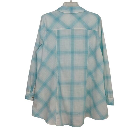 Soft Surroundings Parker Plaid Tunic Top Large Aqua Button Front Pockets Spring - Picture 5 of 8
